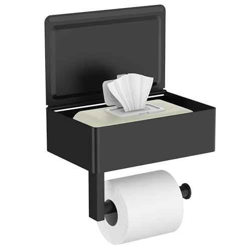 FORIOUS Toilet Paper Holder with Shelf, Sanitary Napkin Receptacle Tampon Holder, Wall Mount Toilet Paper Holder with Storage, Flushable Wipes Dispenser Fits for Bathroom Commercial(1, Matte Black) - color: Matte Black, size: 1 Pack-8" (L)