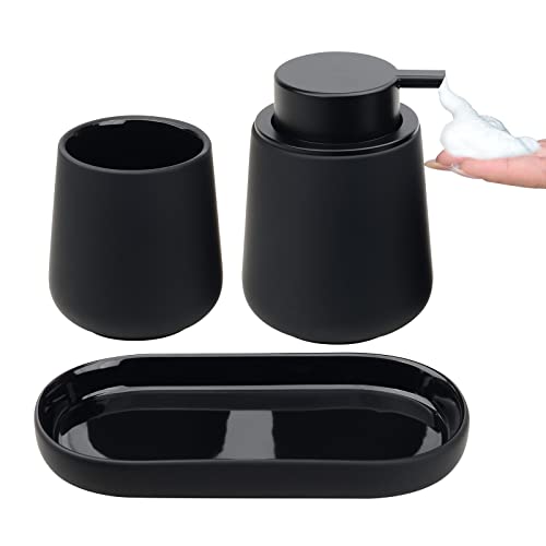 BosilunLife Ceramic Bathroom Accessories Set 3 Pcs, Foaming Soap Dispenser and Toothbrush Holder with Tray, Modern Farmhouse Vanity Decor, Black Housewarming Gift - color: Black, style: Foam