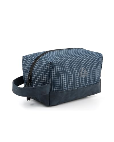 GOX Premium Plaid & Leather Travel Toiletry Bag with Reinforced Handles Cosmetic Organizer (9x5.1x5.1 inches) for Bathroom, Shaving, Makeup Essentials (Navy) - color: Navy
