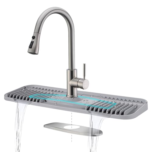 Kingmall 2nd Generation Silicone Faucet Mat, Kitchen Faucet Drip Catcher with Cuttable Circular Center for Kitchen Sink, Tailor-Made for Faucets with Deck Plate, Food Grade Silicone, Light Grey - color: For Faucets with Deck Plate (Light Grey)
