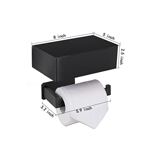 Adhesive Toilet Paper Holder with Shelf and Storage, Wall Mount Toilet Paper Roll Holder & Flushable Wipes Dispenser Set Fits Any Bathroom, Stainless Steel Tissue Holder-Square, Matte Black - color: Black Square
