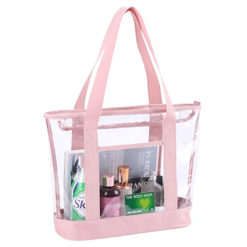 BORMELUN clear tote bag,Purse handle with zipper for work plastic transparent see through women - color: Pink