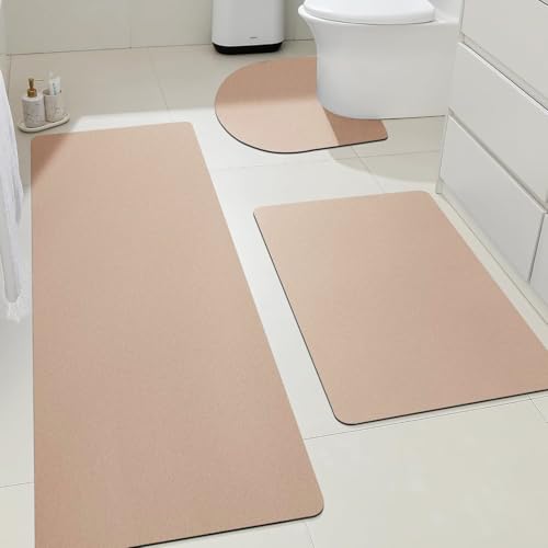 ACCUMTEK Non Slip Bath Mat, Thin Bathroom Rugs Fit Under Door, Quick Dry Bath Mats, Machine Washable Bath Rugs for Bathroom, Bathtub & Kitchen, Bathtub & Kitchen, Taupe/Solid/3 Piece - color: Taupe, size: 24"x17"+48"x20"+U Shape 24"x20"