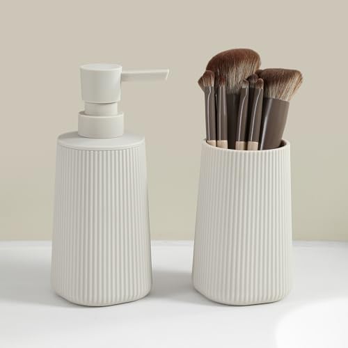 YAUKPH Bathroom Accessories Set 2 Piece Soap Dispenser and Toothbrush Holder for Bathroom Countertop Striped Beige - color: Striped Beige