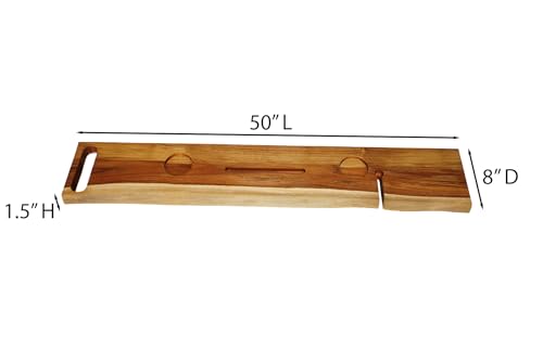 EcoDecors Eleganto 50" Live Edge Solid Teak Bath Caddy Tray with Handle, Book & Tablet Holder, Wine Glass Holders, Luxury Bathtub Tray - style: 50" Live Edge