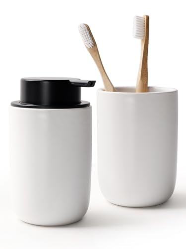 Bosilunlife Soap Dispenser and Toothbrush Holder Set - 11Oz Dish Hand Soap Dispenser Pump Ceramic Bathroom Counter Soap Toothbrush Holder Set White Bathroom Accessories Set - color: White-cylinder Liquid Pump & Toothbrush Holder