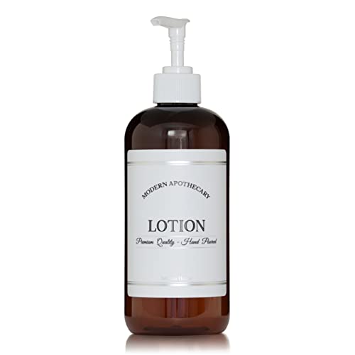 Amber PET Plastic Refillable Lotion Pump Bottle Dispenser with White Plastic Pump, 16 oz with Chrome Accent Waterproof Label, Reusable Container for Home, Kitchen, Bathroom, Office, Business - color: White Pump