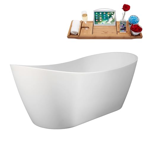 Streamline 75" Freestanding Soaking Bathtub – Glossy White Acrylic Tub with Matte Black Internal Drain and Bamboo Tray – Modern Luxury Design – 85-Gallon Capacity