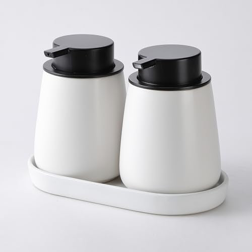 12Oz Hand Soap Dispenser Set - 2 Pack Ceramic Lotion Soap Dispenser Set with Easy-to-Press Black Pump, Refillable Mordern Liquid Dish Soap Dispensers for Bathroom & Kitchen (White, Liquid Pump) - color: White Liquid Dispenser