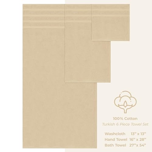 American Soft Linen 100% Cotton Luxury Turkish Towels, 6 Piece Towel Set | Soft Absorbent Quick Dry OEKO Tex Standard 100 Certificated Durable Machine Washable Breathable Premium Hotel Quality - color: Beige, size: 6PC (2BT + 2HT + 2WC)