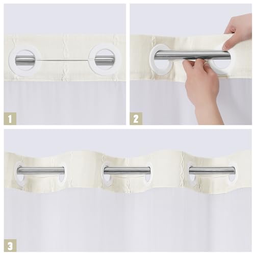 MitoVilla No Hooks Needed Farmhouse Shower Curtain with Snap-in Liner - with Window & Magnets, Boho Cotton Linen Fabric Shower Curtains with Tassels for Rustic Bathroom Decor, Ivory, 72 x 74 - color: Ivory - Win