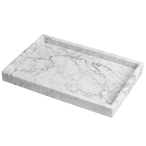 Genuine Marble Tray for Bathroom Sink, Perfume Tray for Vanity, Real Stone Tray for Home Decor, White Marble Storage Tray for Kitchen, Canisters Tray for Bathroom Countertop (Carrara White-12"x8"x1")
