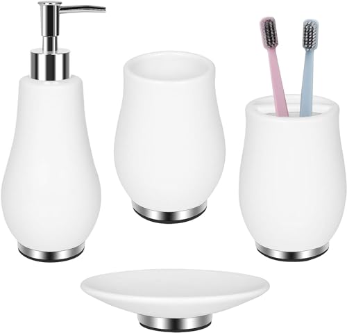 RQYIXI Bathroom Accessories Set 4 Pcs Toothbrush Holder Soap Dispenser Ceramic Bathroom Accessory Set with Toothbrush Cup Soap Dish Tumbler White - color: K-white