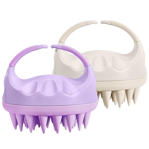 HEETA Scalp Massager Hair Growth Brush with Soft Silicone Bristles, Wheat Straw Handle, 2 Count (Beige & Purple, Round, All Hair Types) - color: Beige & Purple