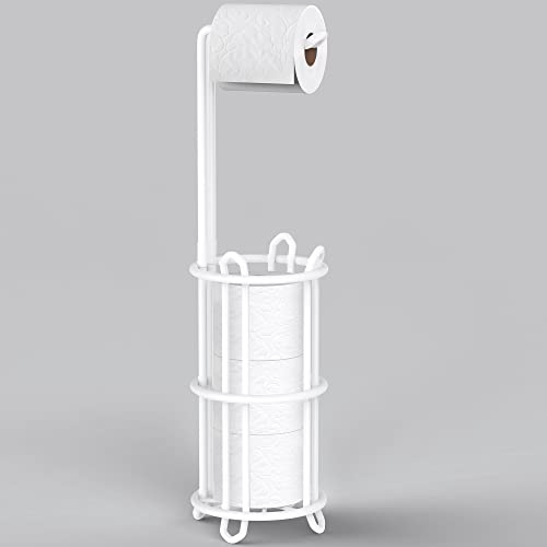 Meangood Toilet Paper Holder Stand and Tissue Paper Roll Dispenser for 4 Mega Rolls, Bathroom Free Standing Tissue Roll Storage Holder Rack, Metal Wire (White) - color: White