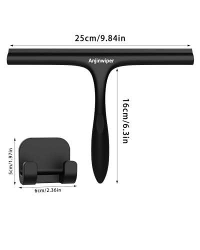 Shower Squeegee for Glass Doors, 10 in Bathroom Squeegee with Adhesive Hook | Mutil-Purpose Window Squeegee for Shower Glass, Tile Walls, Car Cleaning, Ergonomic Handle, Silicone Streak Free Squeegees - color: All Black