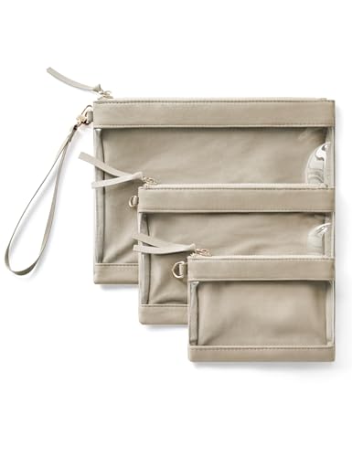 Popvibe Clear Travel Bag Organizer Pouches Set 3 Pack Clear Makeup Bag with Zipper Travel Pouch Car Toiletry Bag for Women Transparent Cosmetic Bag for Traveling, Taupe - color: Taupe