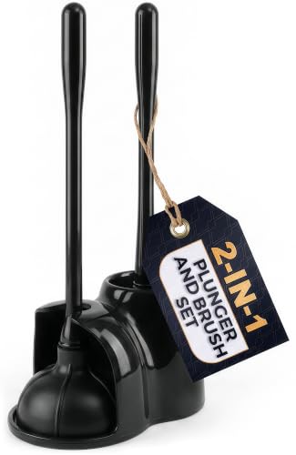 2-in-1 Black Toilet Brush and Plunger Set with Holder – Compact Bathroom Cleaning Combo, Strong Rubber Plunger & Stiff Bristle Brush, Space-Saving Stand, Fits Most Standard Toilets, 9.3×6.3×15.2 inch - color: Black