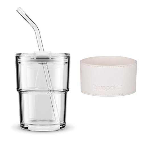 BLUEPOLAR 13 oz Tumbler Water Glass, Water Bottle with Straw and Dustproof Lid, Coffee Ice Cup Double Wall Insulated Glass Cup (White with Protect Sleeve) - color: White with Protect Sleeve