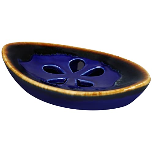 Ceramic Soap Dish with Self Draining Tray for Bar Soap, Bathroom, Kitchen (Blue No.2) - color: Blue No.2