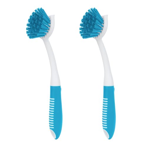 Dish Brush with Handle, 2 Pack Scrub Brushes with Built-in Scraper for Cleaning Kitchen, Pots, Pans and Sink, Scrubber Washing Tools, Blue - color: Blue