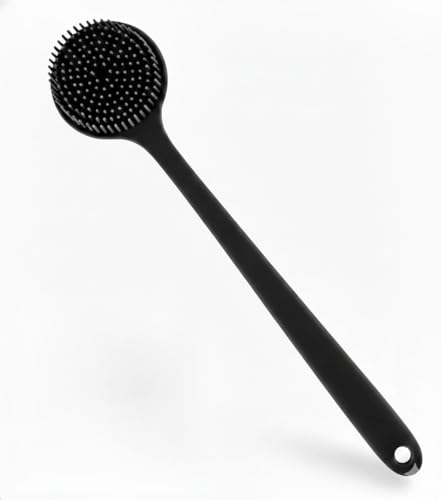 Macco Silicone Body Scrubber with Long Handle, Black, Soft Exfoliating Shower Brush for Back and Body