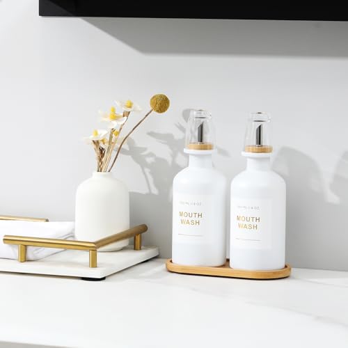 11.8OZ Mouthwash Dispenser for Bathroom with Bamboo & Stainless Steel Pour Spout, Mouthwash Cups Reusable, Bamboo Tray, and Elegant Gold Label. Set of 2（White - color: White/350*2