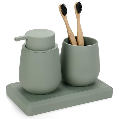 Bathroom Accessories Set, Modern 3 Pcs Bathroom Essentials - Soap Dispenser, Toothbrush Holder & Tray, Countertop Vanity Organizer (Green) - color: Green