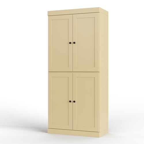 Palace Imports Solid Wood Tall Bathroom Pantry Cabinet with 4 Shaker Doors & Adjustable Shelves, Yellow - 100% Eco-Friendly, Renewable, Space-Saving Storage, 71.5" H x 32" W, Made in Brazil - color: Yellow
