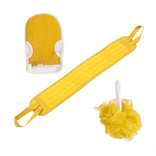 3 Pcs Exfoliating Bath Set with Back Scrubber Strap Shower Glove and Loofah Sponge for Deep Body Cleaning and Full Body Exfoliation(Yellow) - color: Yellow