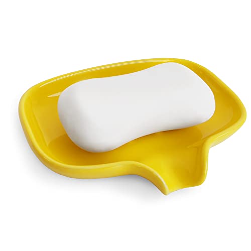 Multi-Color Ceramic Soap Dish for Kitchen or Bathroom, Easy to Clean, Self Draining Soap Holder, Keeps Soap Dry (Yellow) - color: Yellow