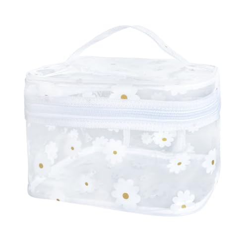 Clear White Flower Cosmetic Bag and Travel Pouch with Handle 8.66 * 5.51 * 5.51inch-Durable PVC Material,Versatile,Zipper Design for Smooth Sliding-Ideal for Makeup,Travel Essentials - color: White Flower#1