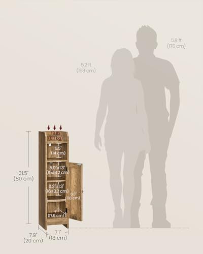 VASAGLE Small Storage Corner Floor Cabinet with Door, 7.9 x 7.1 x 31.5 Inches, Narrow Toilet Paper Storage Holder, Adjustable Shelves, for Bathroom, Living Room, Small Spaces, Honey Brown UBBK310K01 - color: Honey Brown, style: 1door+1open compartment (31