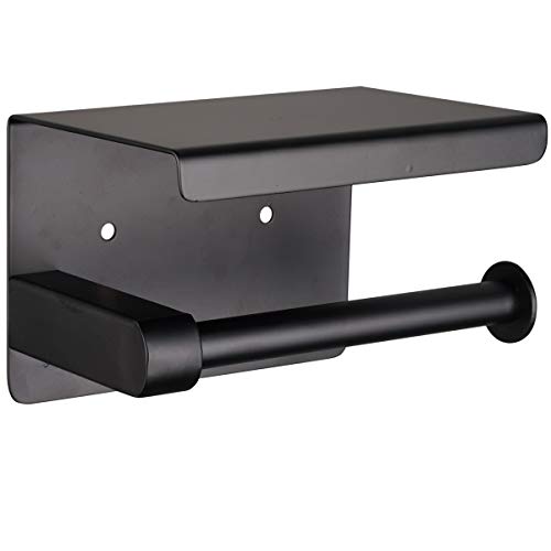 Matte Black Toilet Paper Holder Adhesive, Toilet Paper Roll Holder with Shelf, 3M Adhesive No Drill or Wall-Mounted with Screws for Bathroom & Kitchen - color: Black