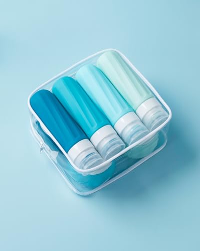 Mrsdry Travel Size Toiletries 8 Pack, TSA Approved 3oz Silicone Squeeze Bottles & Cream Jars with Clear Travel Bag - color: Blue, size: 3oz bottle 3oz jar