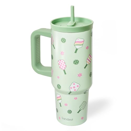 SANDJEST Pickleball Stainless Steel Locking Lid Silicone Straw Tumbler with Handle 40oz, Insulated Stainless Steel Travel Cup for Women Girls Friends Players, Gift Idea for Birthday Christmas - color: Pickleball