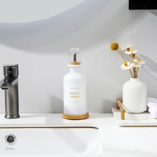 11.8OZ Mouthwash Dispenser for Bathroom with Bamboo & Stainless Steel Pour Spout, Mouthwash Cup Reusable, Bamboo Tray, and Elegant Gold Label. （White - color: White/350*1