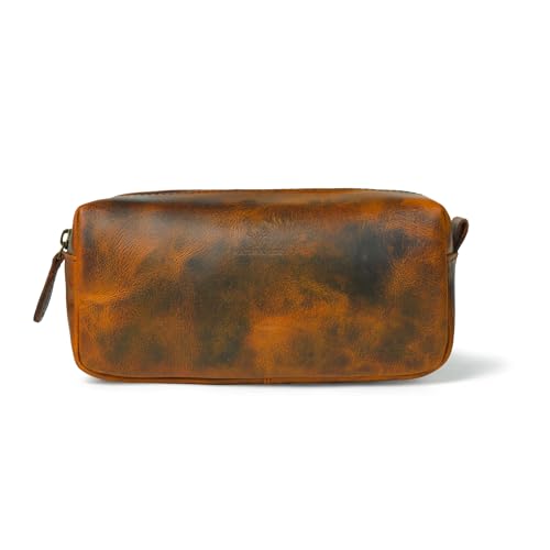 Full Grain Leather Toiletry Bag for Men – Handmade Travel Kit, Small Leather Shaving & Toiletry Organizer, Durable Waxed Canvas Lining (Tan)