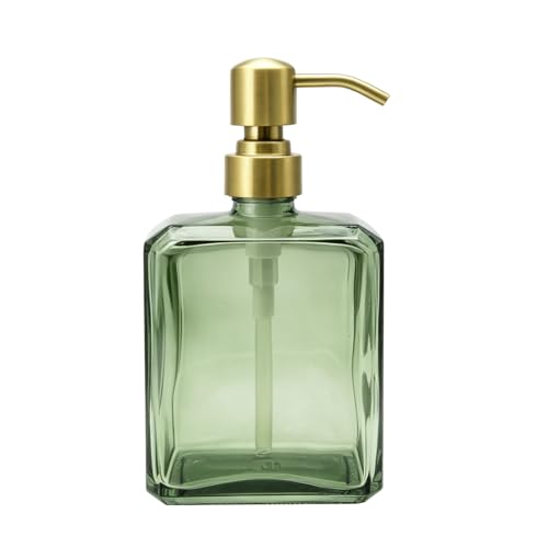 Green Glass Soap Dispenser Square 13.5 oz Hand Soap Dispenser | Rectangular, Rust Proof Stainless Steel Pump, Refillable, For Bathroom Vanity & Kitchen Countertop - color: Green Bottle and Brushed Gold Pump, size: 13.5oz-Square