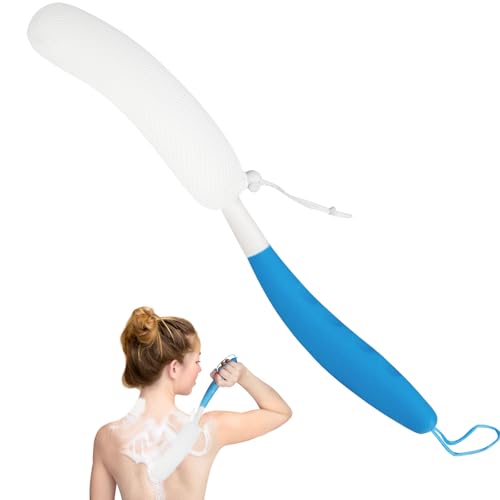 Back Scrubber for Shower, 15.35" Long Handle Shower Brush for Body, Back Brush for Shower for Men Women, Long Handled Bath Sponge for Deep Clean, Exfoliating, Anti-Slip Curve Handled Back Scrubber - size: Blue-White