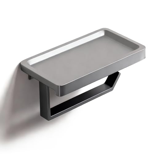 Dark Gray Toilet Paper Holder with Shelf, Premium Thicken Aluminum Alloy, Self Adhesive Toilet Tissue Roll Holder Wall Mount for Bathroom, Washroom, Kitchen, RV with Cell Phone Storage - color: Dark Gray