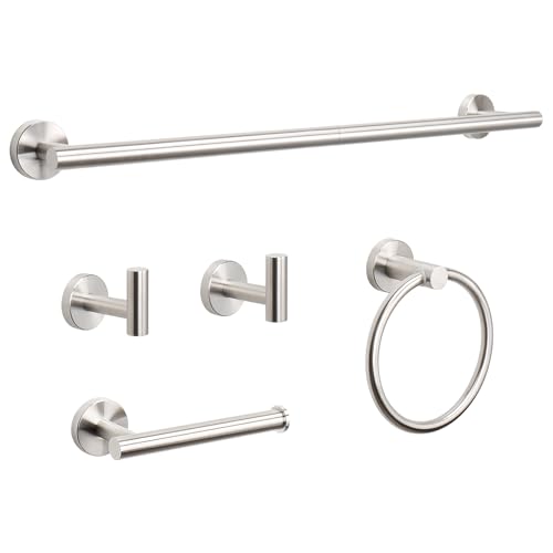 NearMoon 5 Pieces Bathroom Hardware Set SUS304 Thicken Stainless Steel-Towel Rack Kit Include 24" Towel Rod +Bath Towel Ring +Toilet Paper Holder +2 Robe Towel Hooks Bath Accessories (Nickel) - color: Brushed Nickel