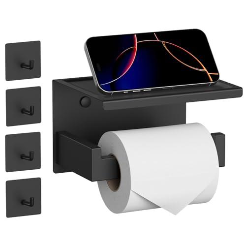 HITSLAM Matte Black Toilet Paper Holder with Shelf & 4 Towl Sticky Hooks, Self-Adhesive or Screw Mount Toilet Paper Roll Tissue Holder, SUS 304 Stainless Steel, Rustproof for RV& Bathroom Home - color: Black + 4 Hooks, size: Medium