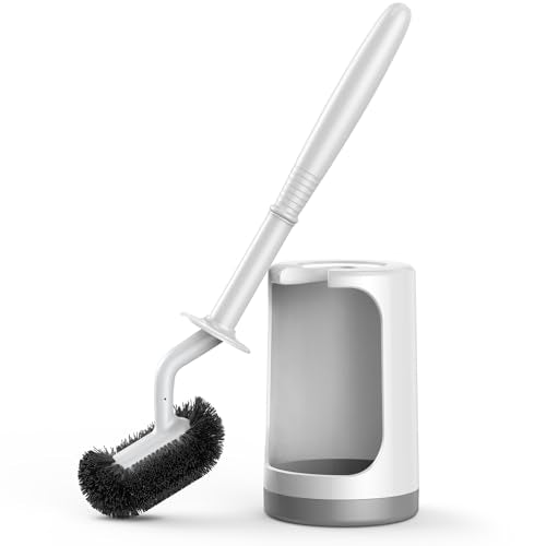 HAMITOR Toilet Bowl Brush Holder Set: Curved Design with Holder for Deep Cleaning Under Rim - Compact Hidden Scrubber for Small Space - Modern RV Bathroom Accessories - White 1 Pack - color: White