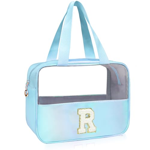 Personalized Initial Clear Makeup Bag Blue Cosmetic Bag Set Large Travel Toiletry Bag, Cute Clear Make Up Bags Organizer Bag for Girlfriend Teacher Gifts Teen Girl Gifts Trendy Stuff R (Blue) - color: Blue, style: R