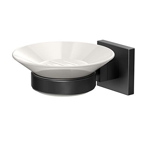 Gatco 1942MX Elevate Soap Dish Holder Matte Black | Wall Mounted 4.31" W X 2.10" H X 5.25" D Porcelain Round White Soap Dish with Matte Black Base for Bathroom - color: Matte Black, style: Elevate