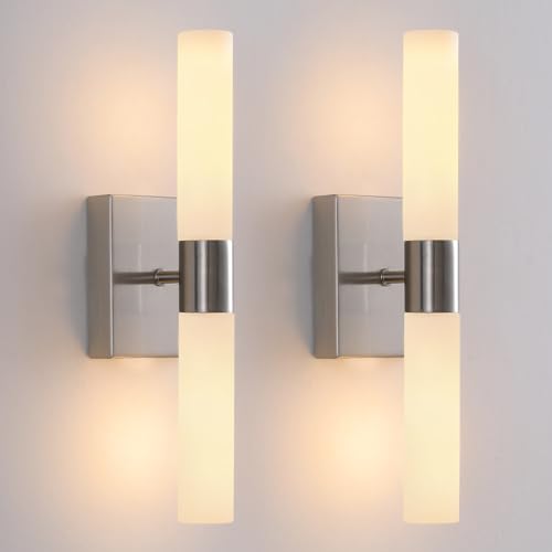 KUZZULL Wall Sconces Set of Two Brushed Nickel Bathroom Sconces Wall Decor Set of 2 Modern Wall Light Fixtures Metal Sconces Wall Lighting with Frosted Glass Shade Wall Mounted Lamp - color: satin nickel white
