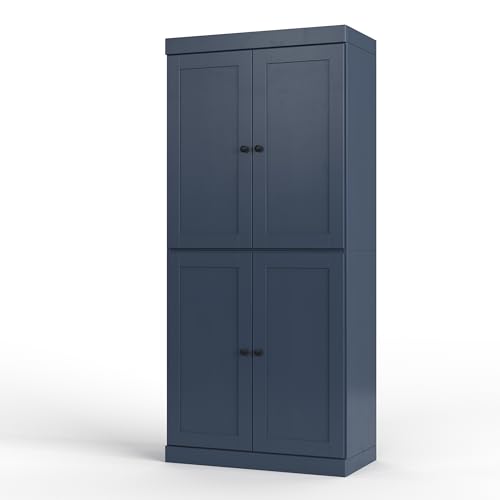 Palace Imports Solid Wood Tall Bathroom Pantry Cabinet with 4 Shaker Doors & Adjustable Shelves, Antique Blue - 100% Eco-Friendly, Renewable, Space-Saving Storage, 71.5" H x 32" W, Made in Brazil - color: Antique Blue