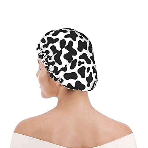 Black And White Cow Skin Abstract Animal Farm Shower Cap For Women Adjustable Double Waterproof Layers Bathing Bath Cap Hair Protection Reusable Ladies Spa Salon Shower Hat - color: Balck And White Cow Skin Abstract Animal Farm