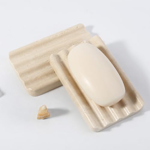 Koville 2PCS Travertine Soap Dishes for Shower, Marble Soap Dish Bar Soap Holder for Sink, Stone Soap Tray for Bathroom, Stripe Grooves Saver Keep Bars Dry Easy Clean - color: Travertine
